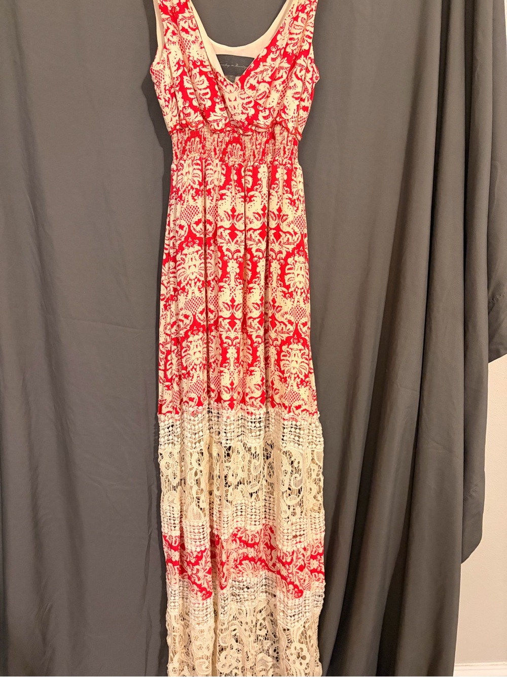 Sleeveless Pink and Cream Crochet-Trim Maxi Dress